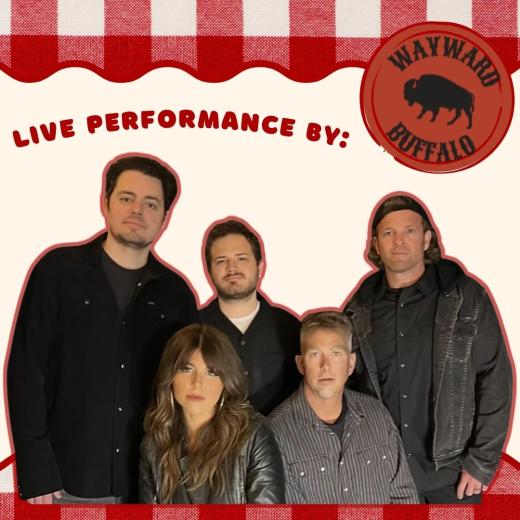 Wayward Buffalo band members pose for a group photo inside a red gingham border.