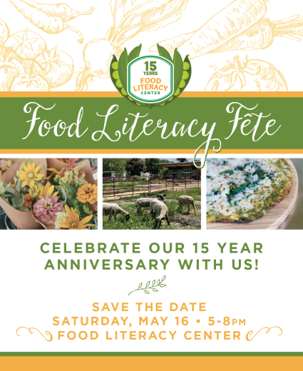 Save the date graphic: branded colors green yellow with veggies,