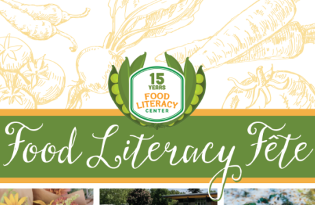 Save the date graphic: branded colors green yellow with veggies, 