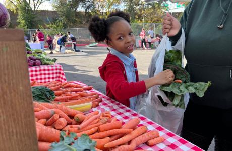 Girl buying carrots during harvest festival