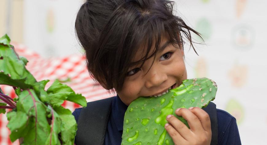 Student eating cactus