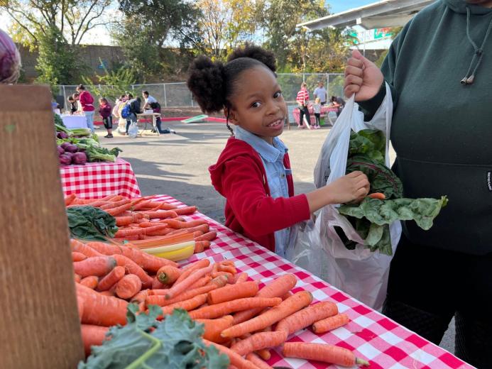 Girl buying carrots during harvest festival